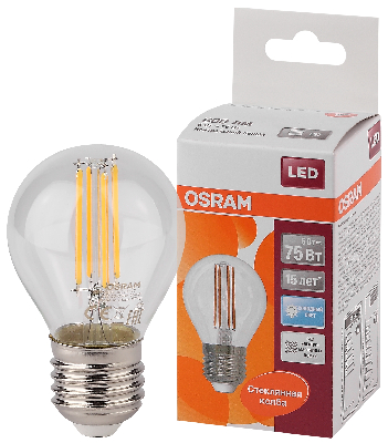 Лампа светодиодная LED 6Вт E27 CLP75 белый, Filament прозр.шар OSRAM