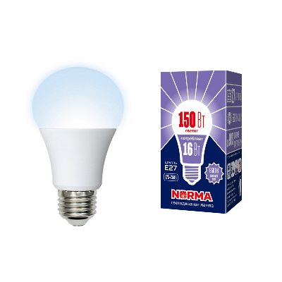 Лампа светодиодная LED-A60-16W/NW/E27/FR/NR Форма A, матовая. Серия Norma. Белый свет (4000K). Картон. ТМ Volpe