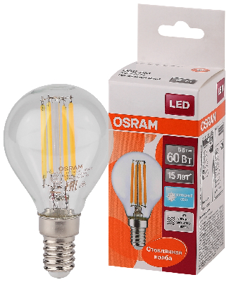 Лампа светодиодная LED 5Вт E14 CLP60 белый, Filament прозр.шар OSRAM